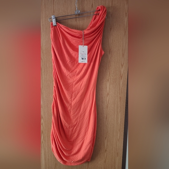 A New Day Orange Asymmetrical Ruched Bodycon Dress - Picture 1 of 5
